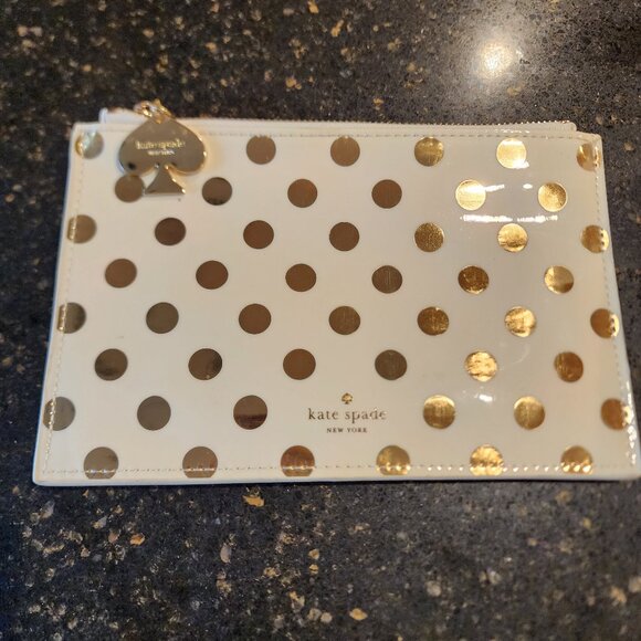 KATE SPADE WHITE PATENT WITH GOLD POLKA DOTS PENCIL CASE-NEW - Picture 1 of 5